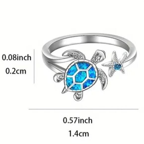 Stainless Adjustable Ring Blue Sea Turtle Starfish Ocean Christmas Birthday Gift - Picture 2 of 5